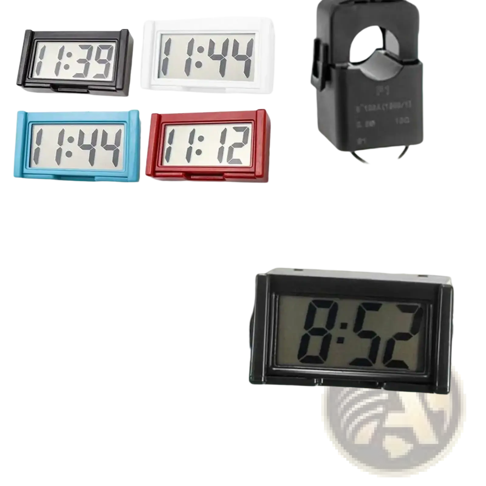 Black digital car dashboard clock with rectangular electronic time display showing 8 52 for vehicle use