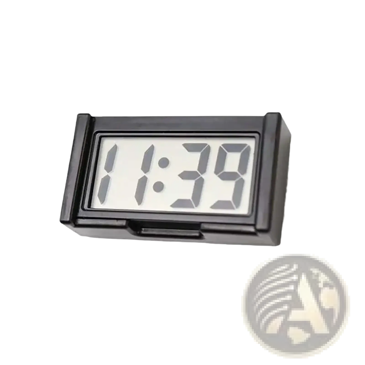Black rectangular car digital clock dashboard with white electronic time display showing 1 39 in gray digits