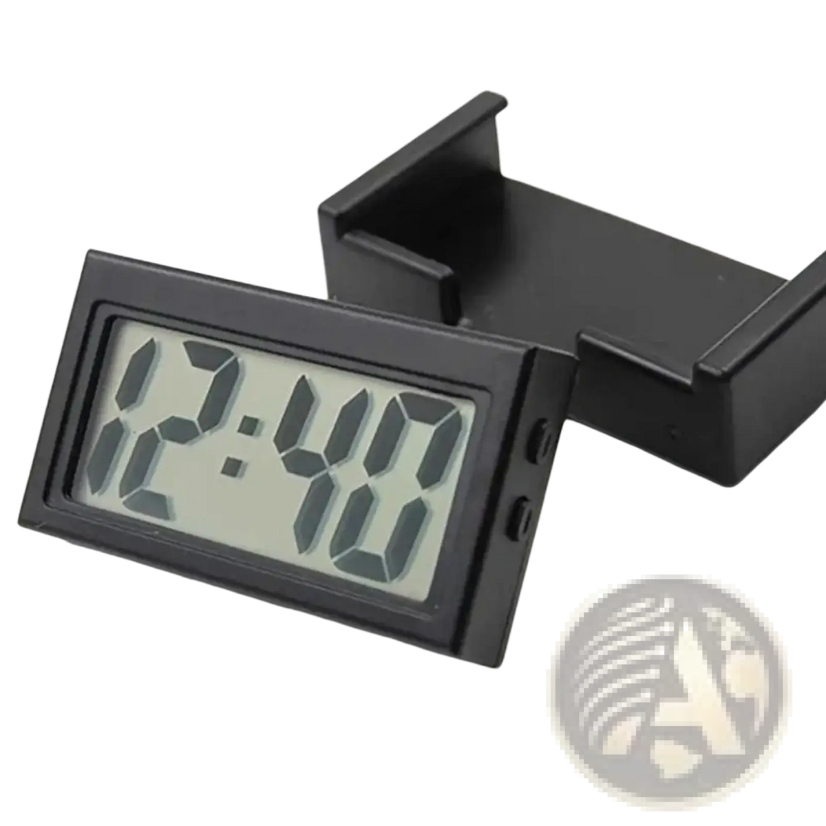 Black digital car clock with rectangular dark gray segmented display showing 12 40 for dashboard time display