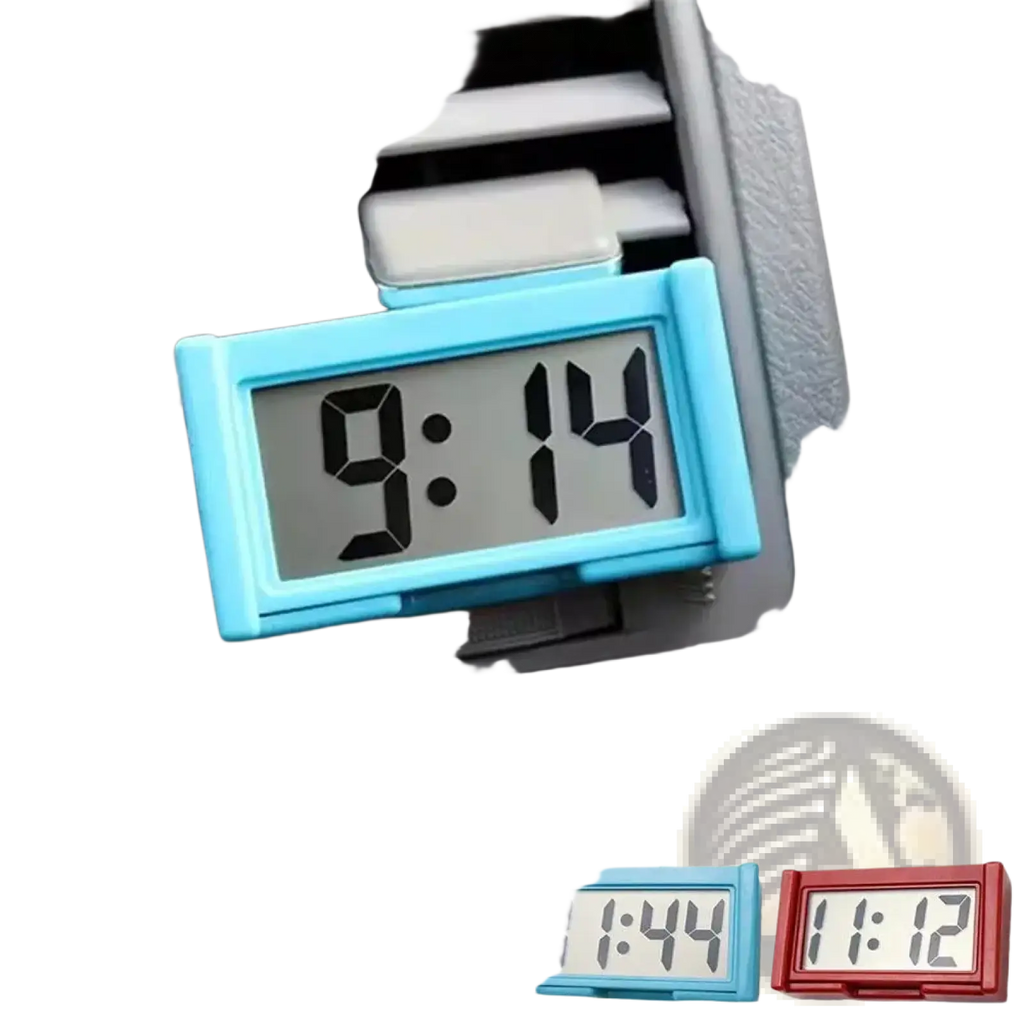 Light blue rectangular electronic car clock with digital time display 9 14 designed to clip into air vent dashboard