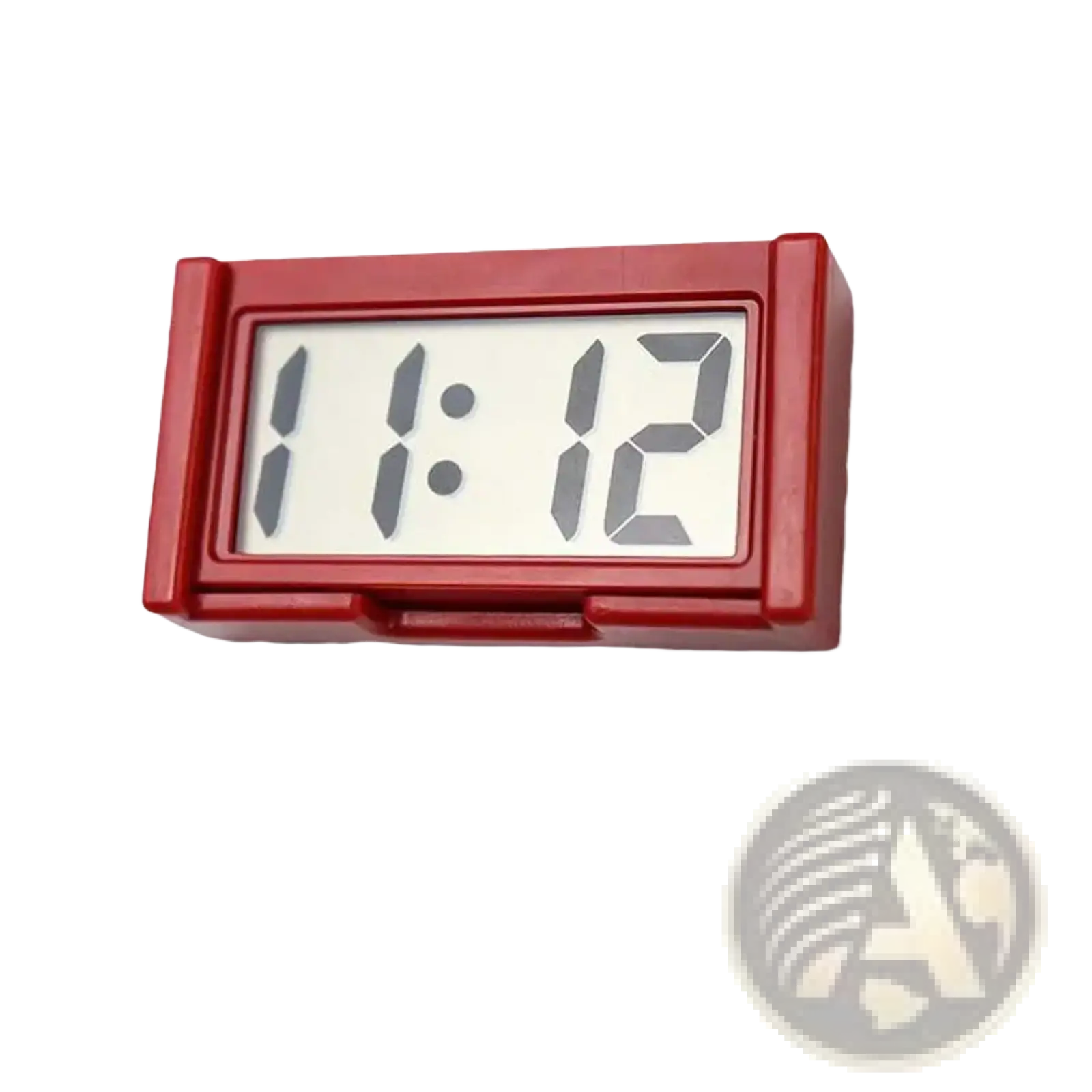 Red rectangular car digital clock dashboard electronic time display with white screen showing time in gray digits