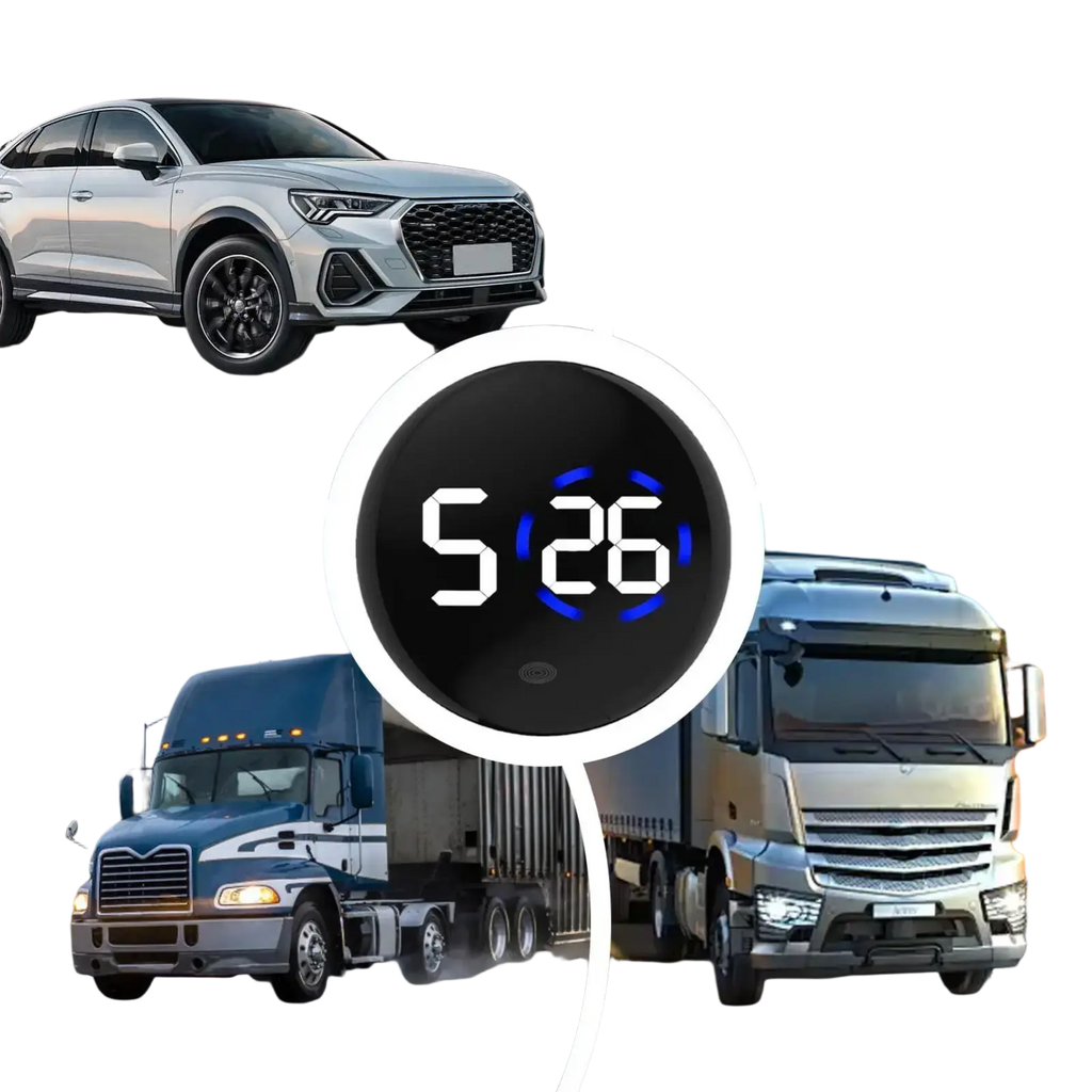 Black car digital clock dashboard led display with blue illuminated numbers showing 5 26 time