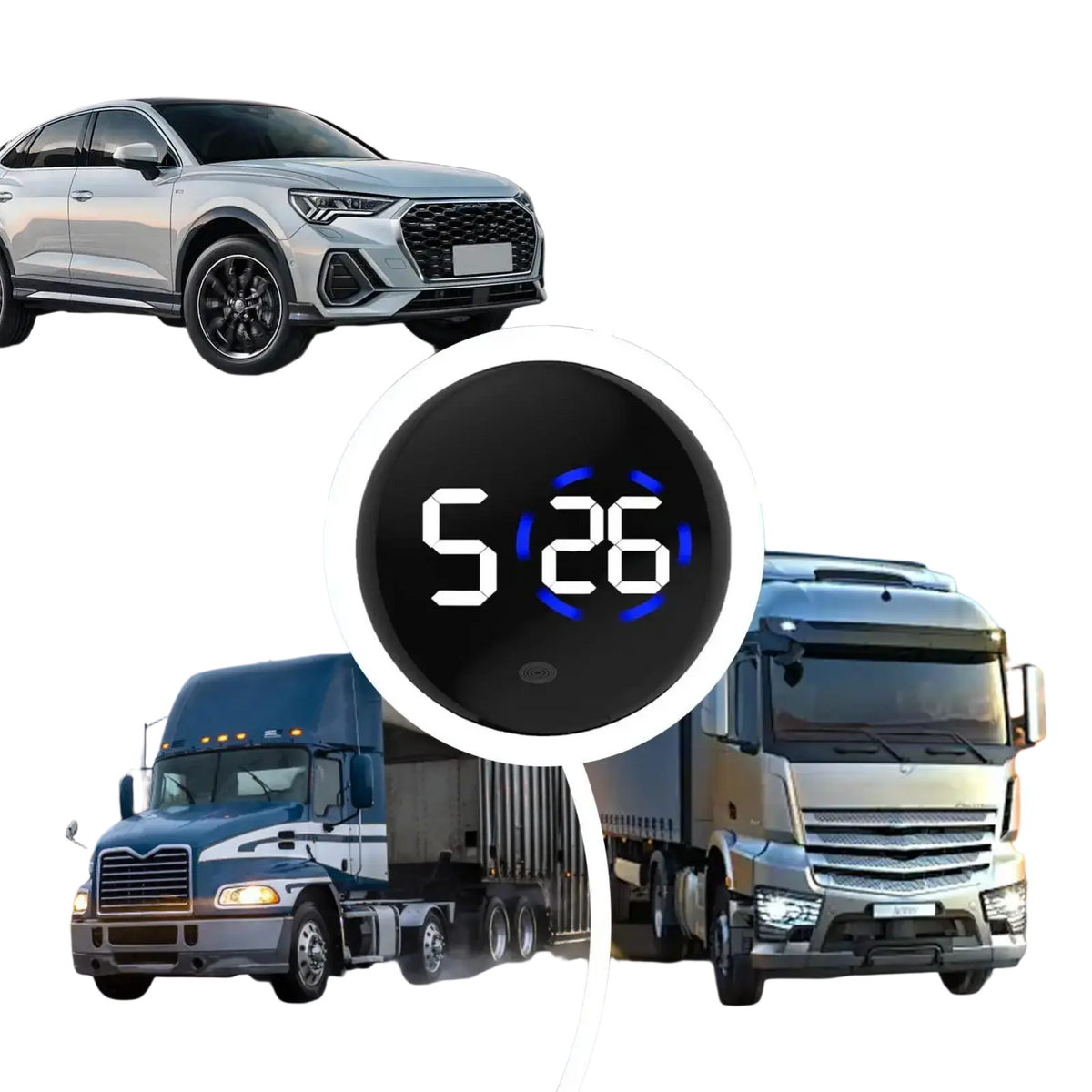 Black car digital clock dashboard led display with blue illuminated numbers showing 5 26 time