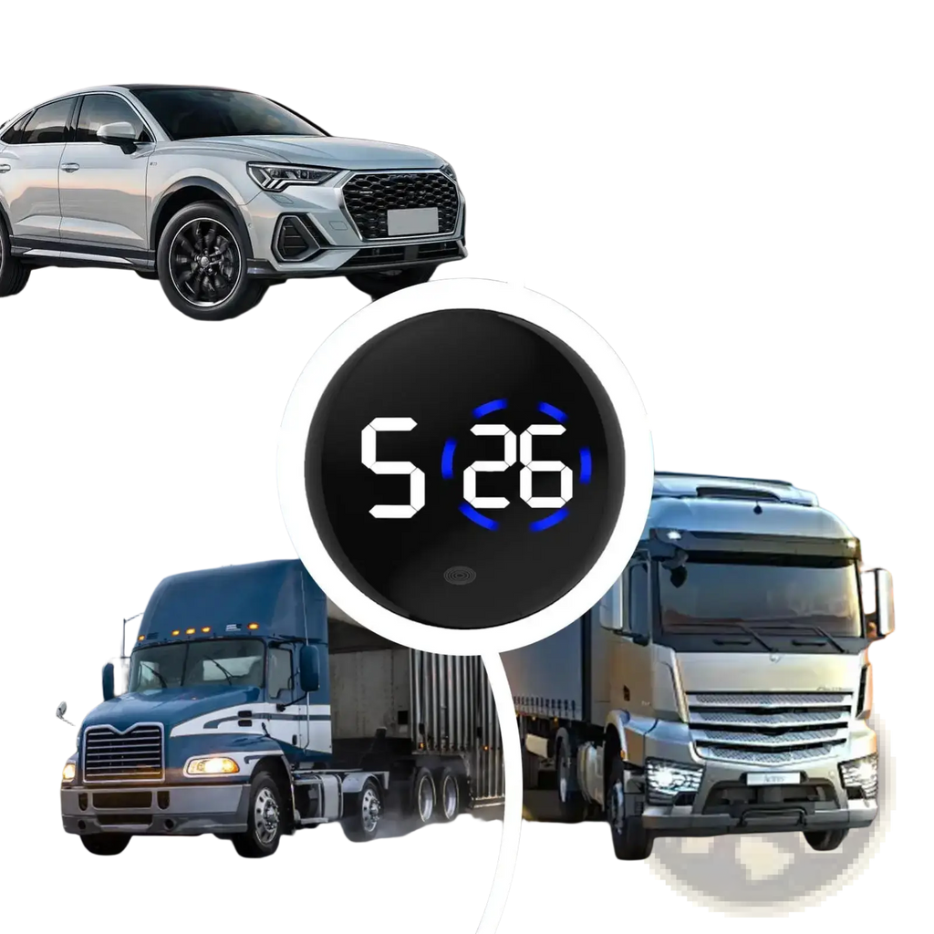 Black car digital clock dashboard led display with blue illuminated numbers showing 5 26 time