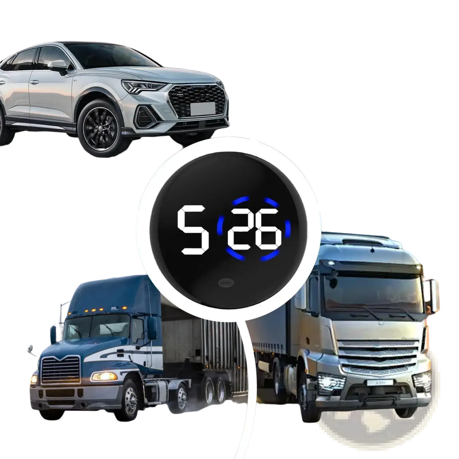 Black car digital clock dashboard led display with blue illuminated numbers showing 5 26 time