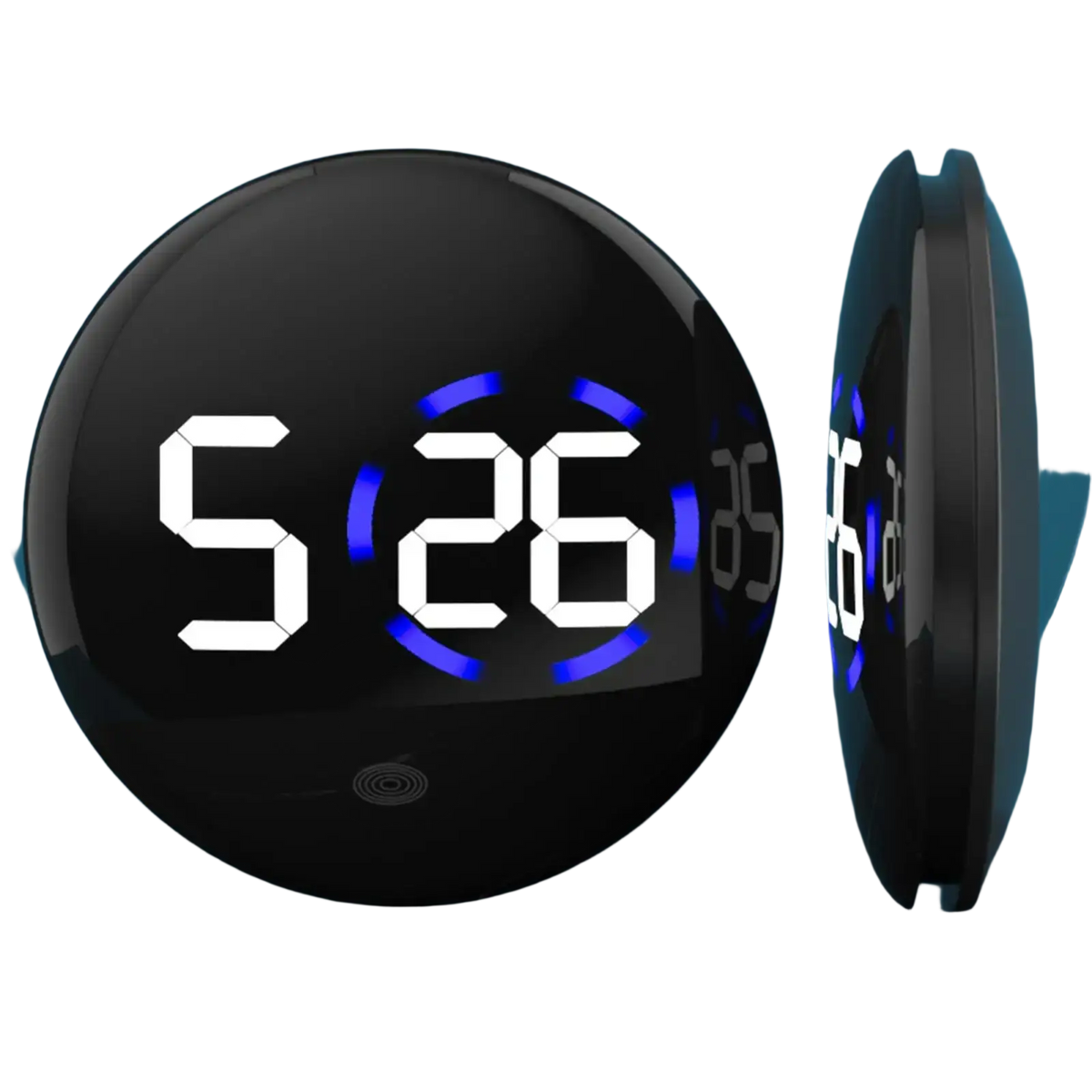 Black circular car digital clock dashboard led display with glowing blue led numbers and sleek modern design