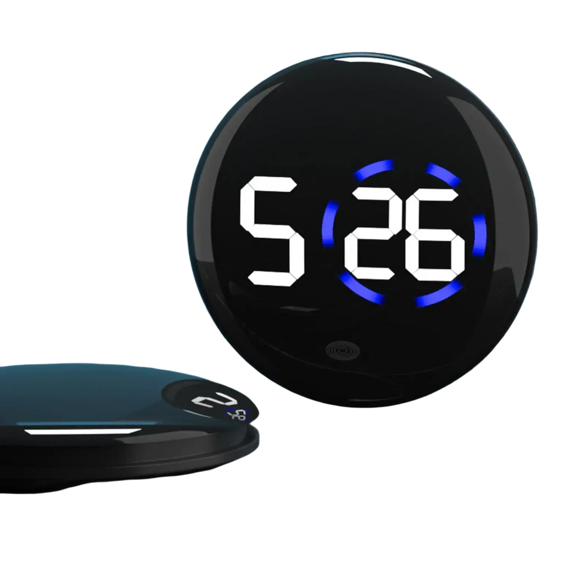 Black circular car digital clock dashboard led display with glowing blue numbers and a sleek modern design