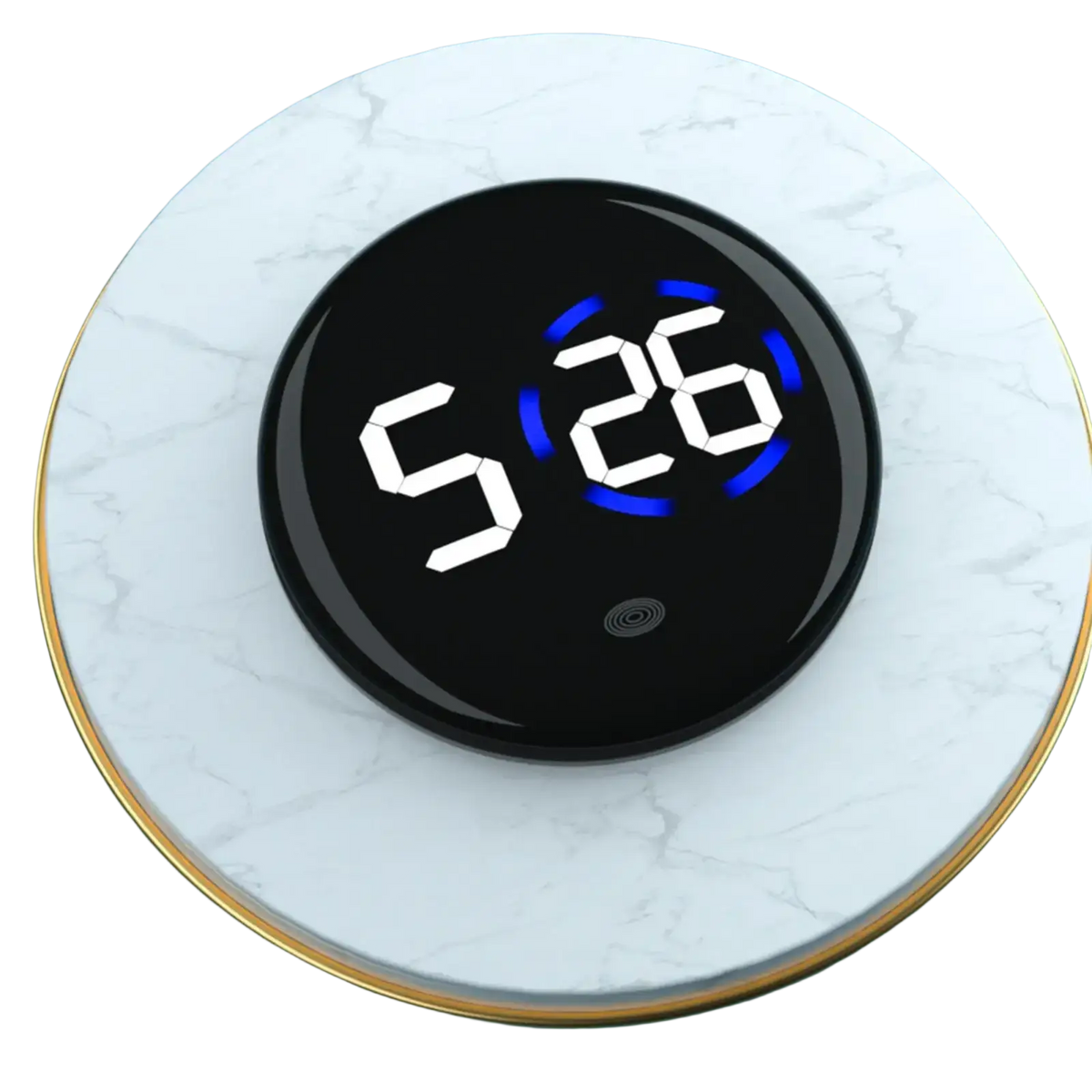 Black circular car digital clock dashboard led display with white numerals and blue backlighting showing 5 26
