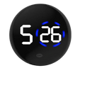 Black circular car digital clock dashboard led display with white numerals and blue glowing accents showing 5 26