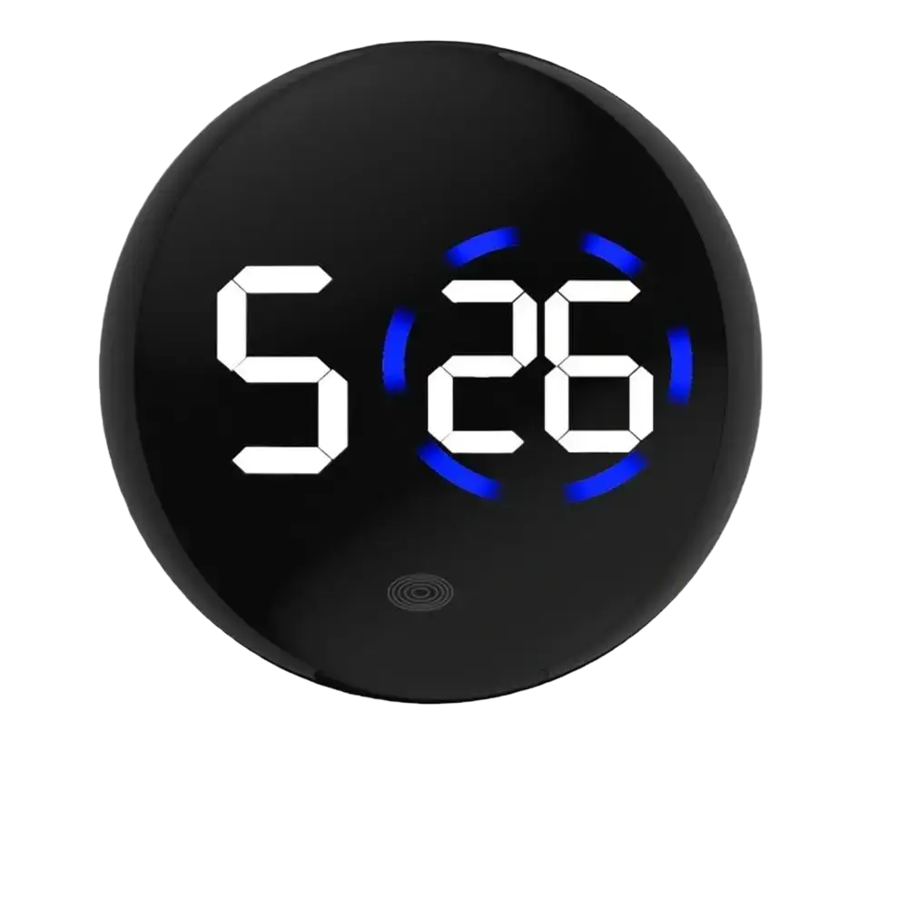 Black circular car digital clock dashboard led display with white numerals and blue glowing accents showing 5 26