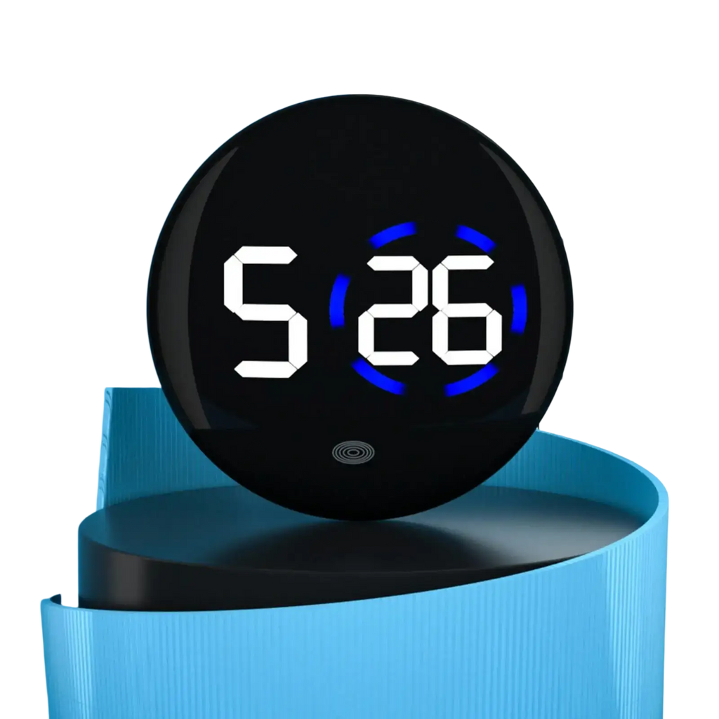 Black circular car digital clock dashboard led display with white numerals and blue glowing accents