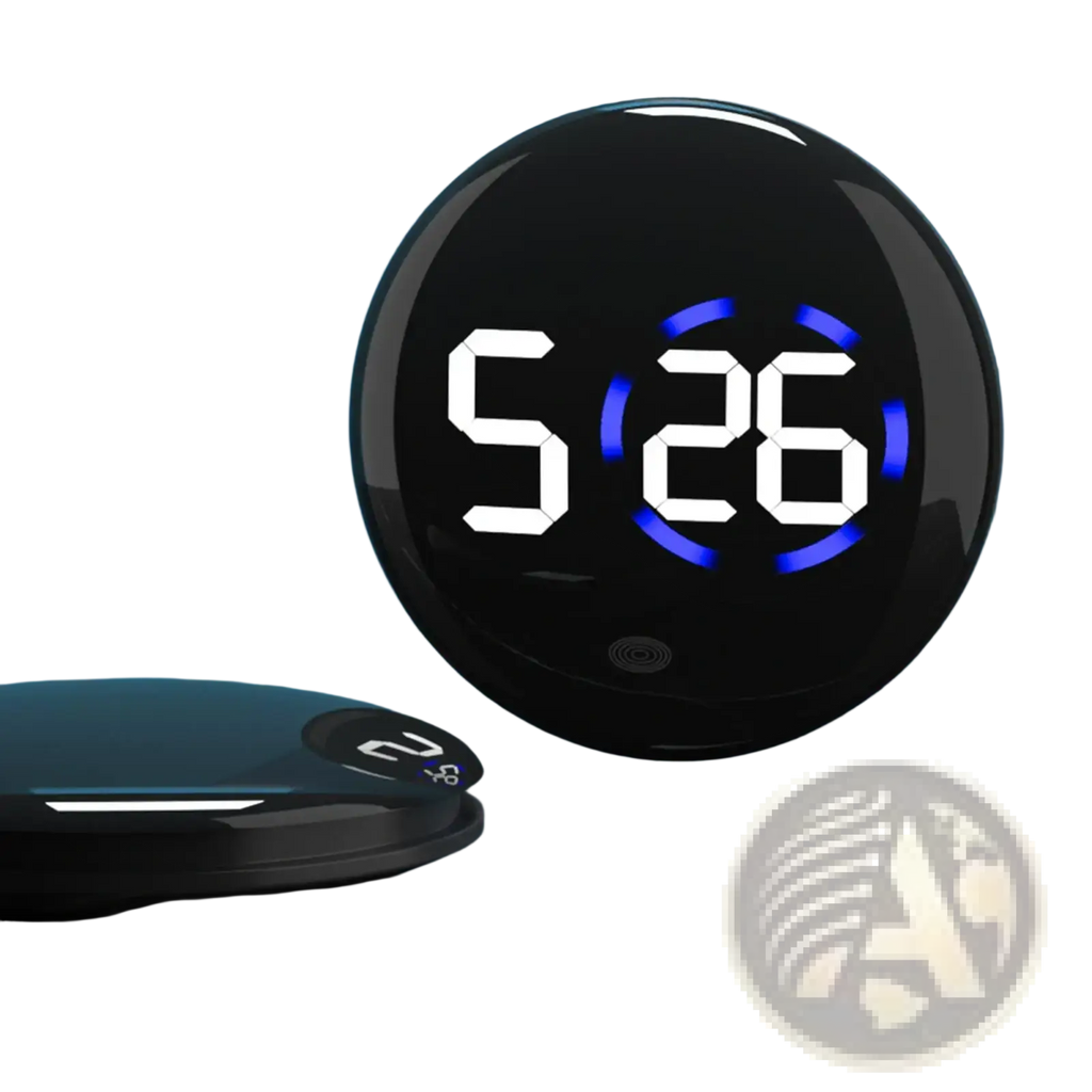 Black circular car digital clock dashboard led display with glowing blue numbers and a sleek modern design