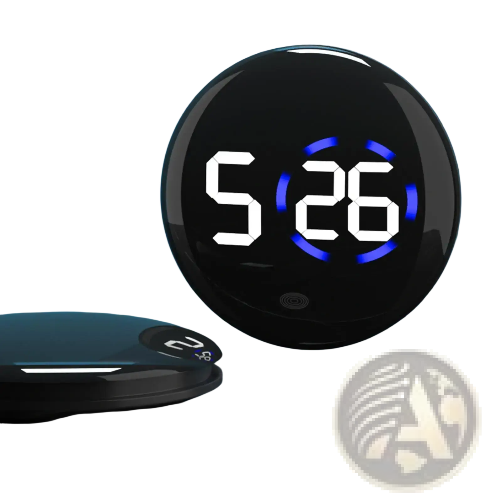 Black circular car digital clock dashboard led display with glowing blue numbers and a sleek modern design