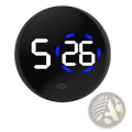 Black circular car digital clock dashboard led display with white numerals and blue glowing accents showing 5 26