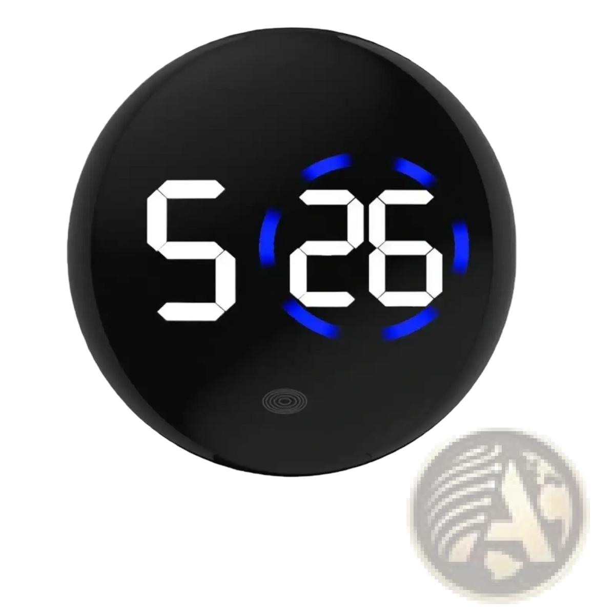 Black circular car digital clock dashboard led display with white numerals and blue glowing accents showing 5 26