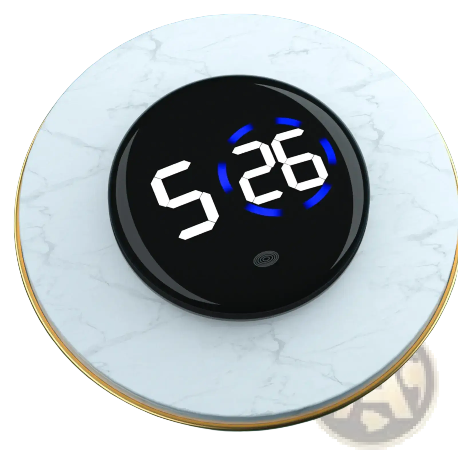 Black circular car digital clock dashboard led display with white numerals and blue backlighting showing 5 26