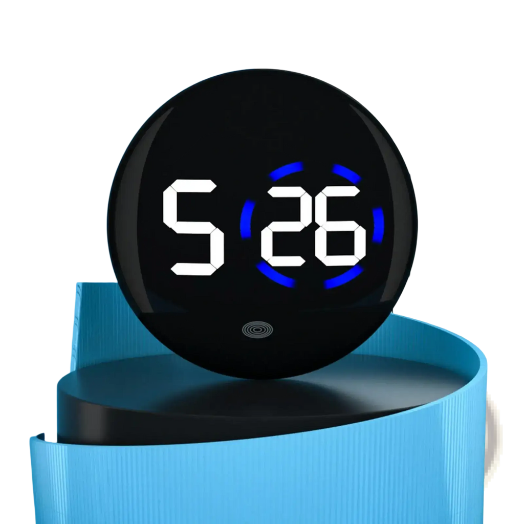 Black circular car digital clock dashboard led display with white numerals and blue glowing accents