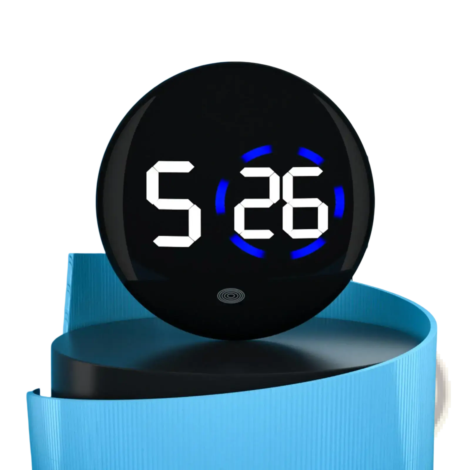 Black circular car digital clock dashboard led display with white numerals and blue glowing accents