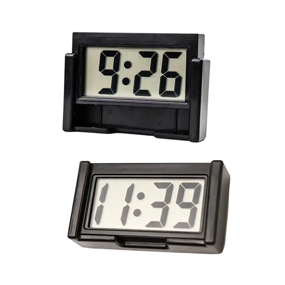 Black car digital clock dashboard time display with rectangular frame and segmented numeral digital screen showing times