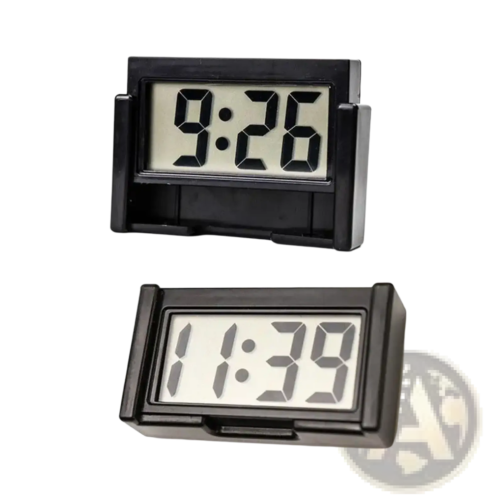 Black car digital clock dashboard time display with rectangular frame and segmented numeral digital screen showing times
