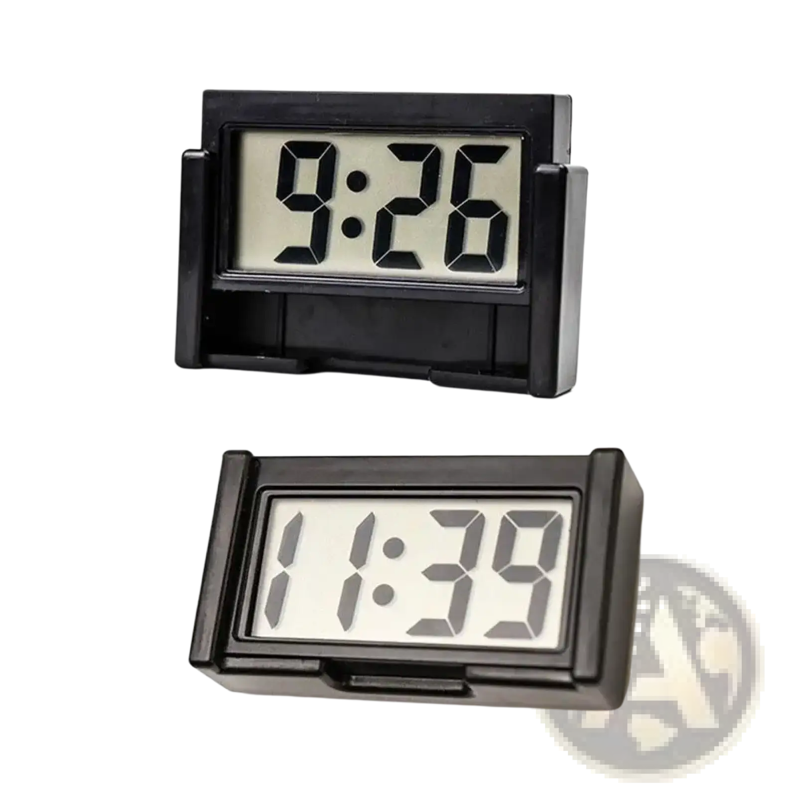 Black car digital clock dashboard time display with rectangular frame and segmented numeral digital screen showing times
