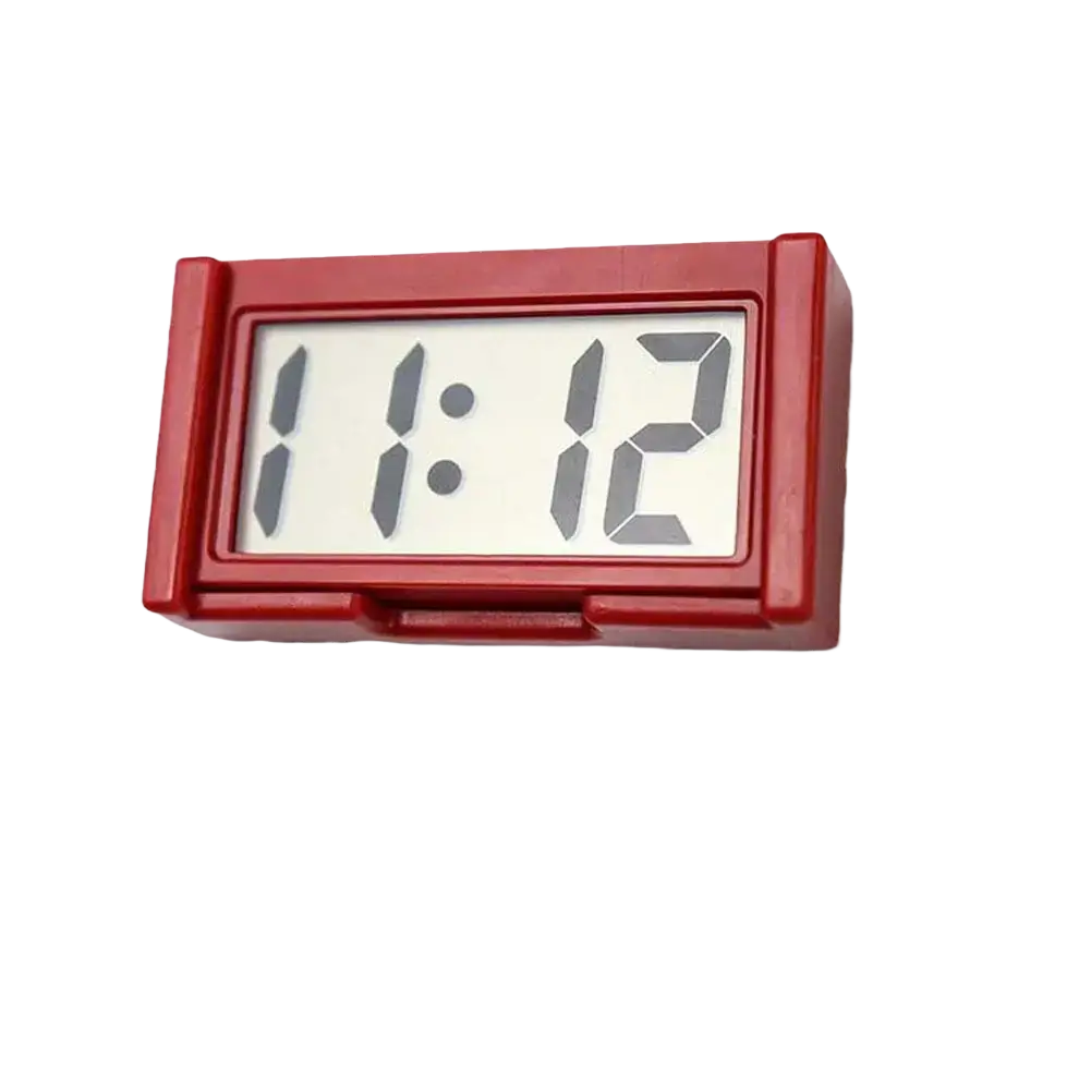 Red rectangular car digital clock dashboard time display with white screen showing time 11:12 in gray digits