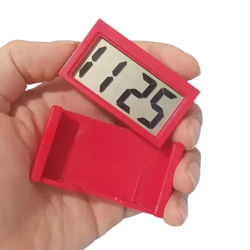 Red rectangular car digital clock dashboard time display with black numerals on a silver digital screen