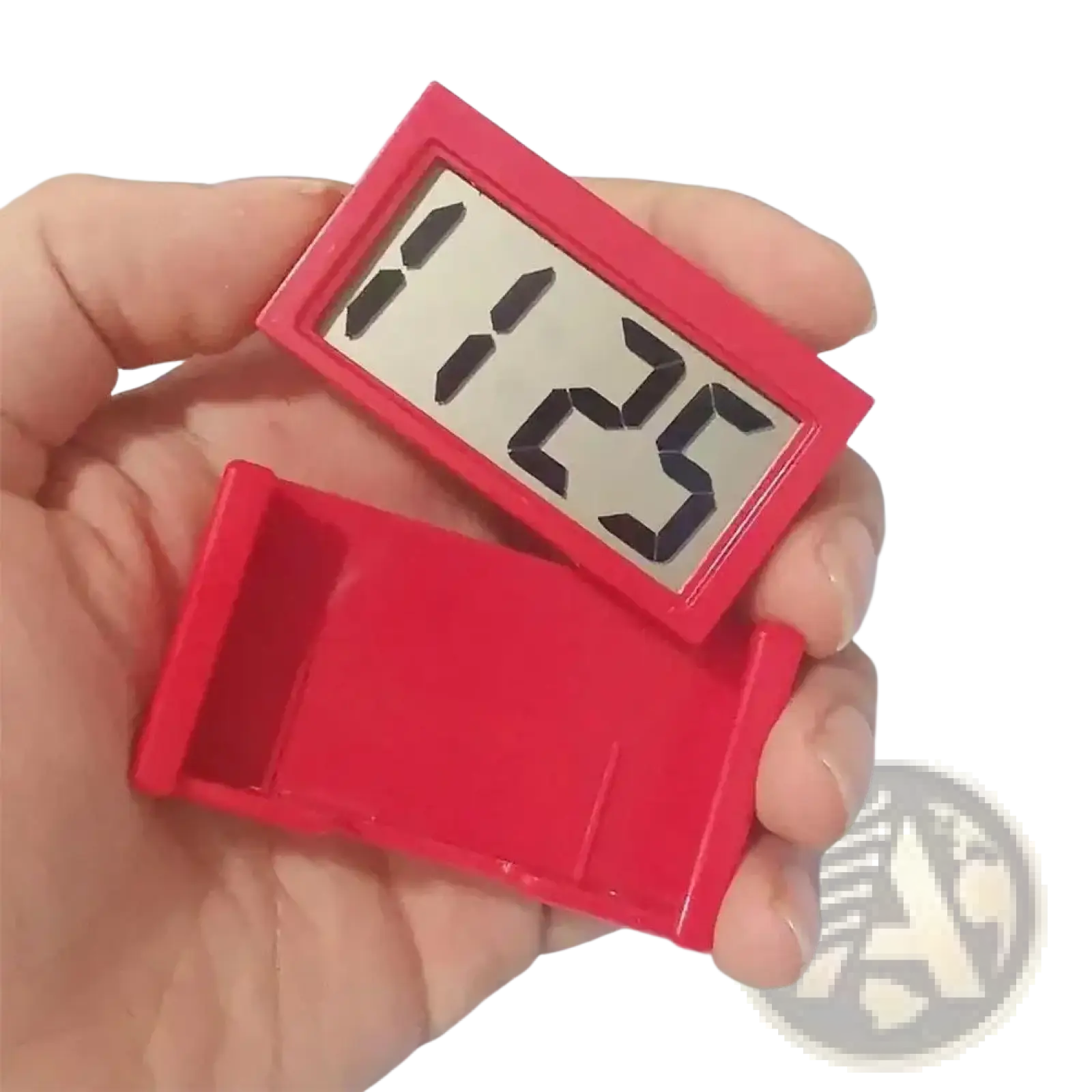 Red rectangular car digital clock dashboard time display with black numerals on a silver digital screen
