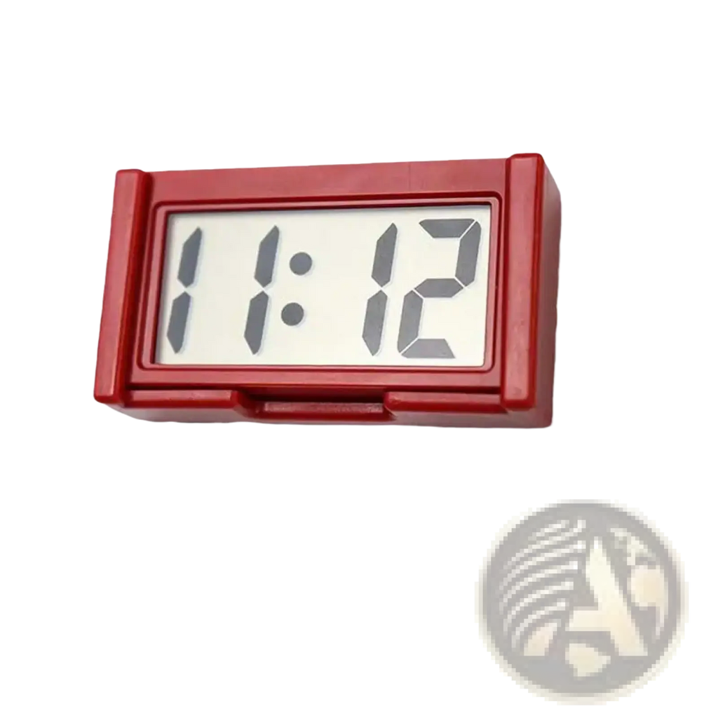 Red rectangular car digital clock dashboard time display with white screen showing time 11:12 in gray digits