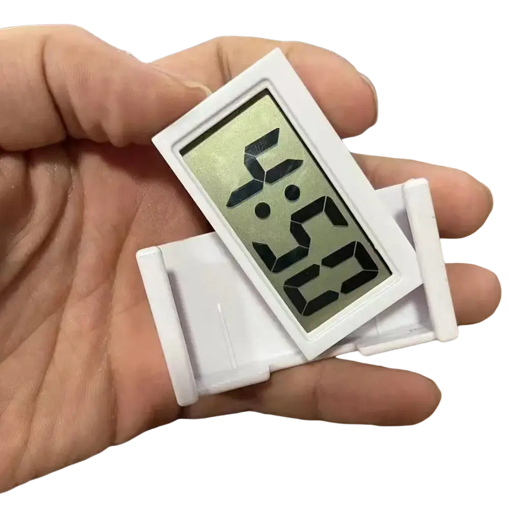 White digital thermometer with rectangular display showing time in black digits for car digital clock dashboard use