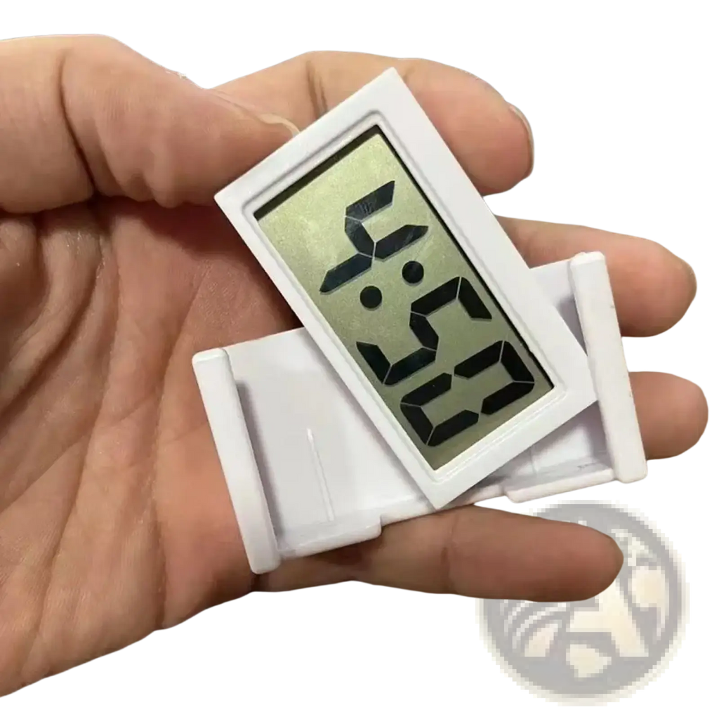 White digital thermometer with rectangular display showing time in black digits for car digital clock dashboard use