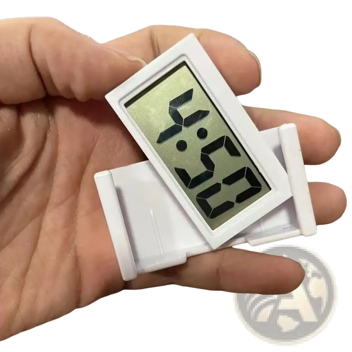 White digital thermometer with rectangular display showing time in black digits for car digital clock dashboard use