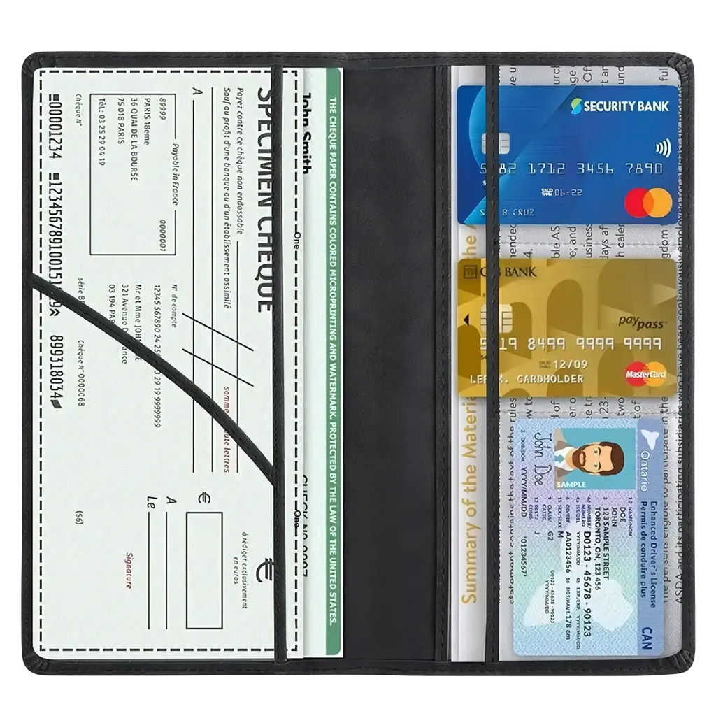 Black leather car document holder and insurance organizer with multiple card slots and a check compartment