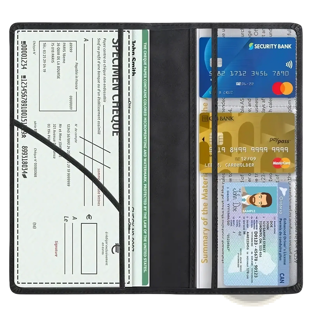 Black leather car document holder and insurance organizer with multiple card slots and a check compartment