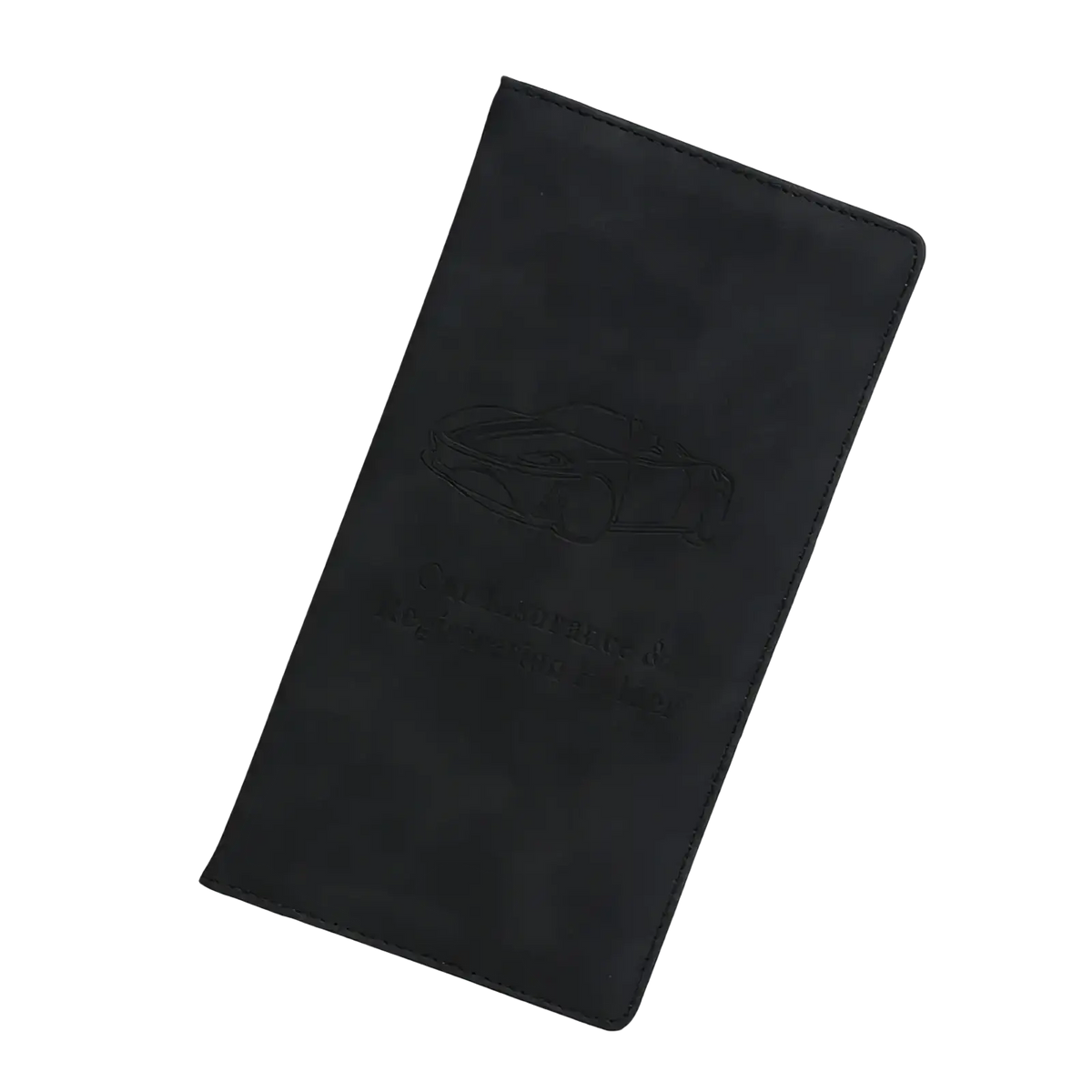Black textured leather car document holder and insurance organizer with embossed car design on front side