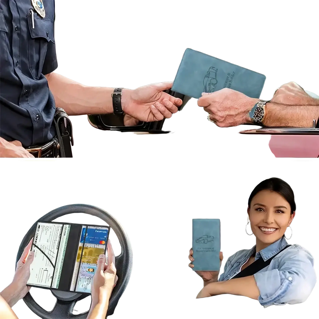 Blue leather car document holder and insurance organizer with embossed vehicle logo for license and registration storage