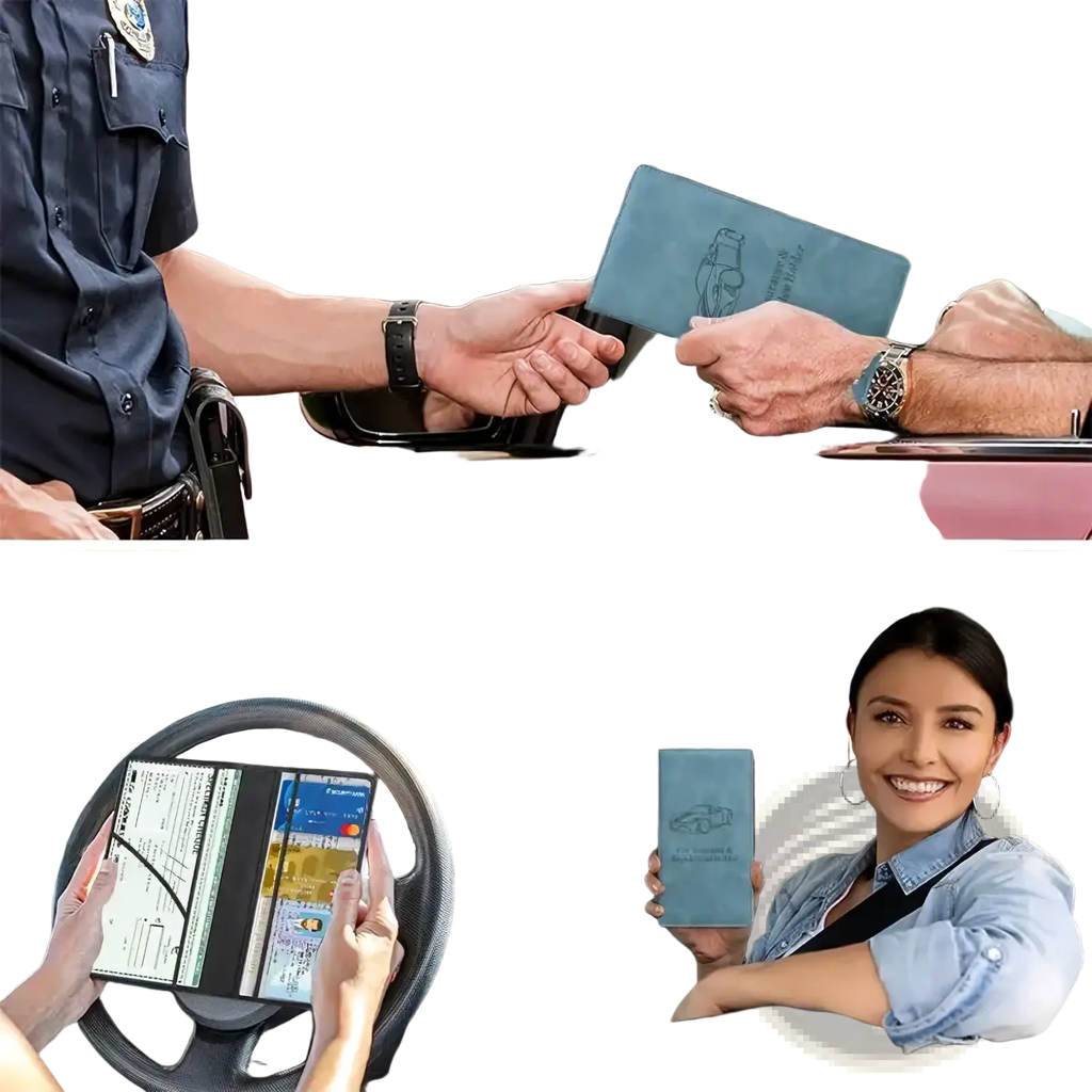 Blue leather car document holder and insurance organizer with embossed vehicle logo for license and registration storage