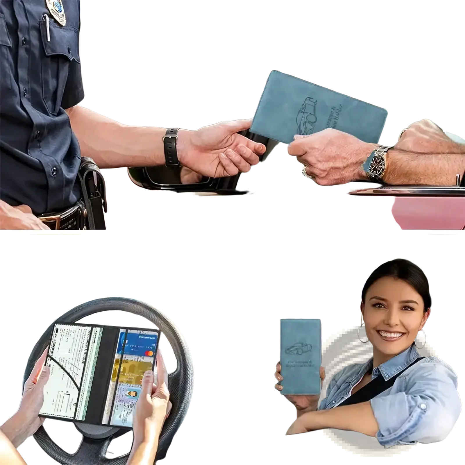 Blue leather car document holder and insurance organizer with embossed vehicle logo for license and registration storage