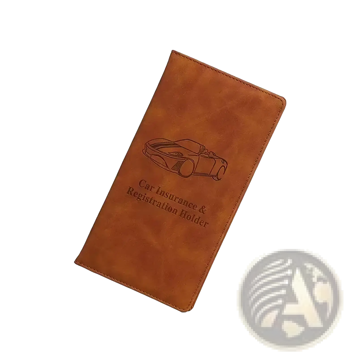 Brown faux leather car document holder and insurance organizer with debossed sports car design visible on front side