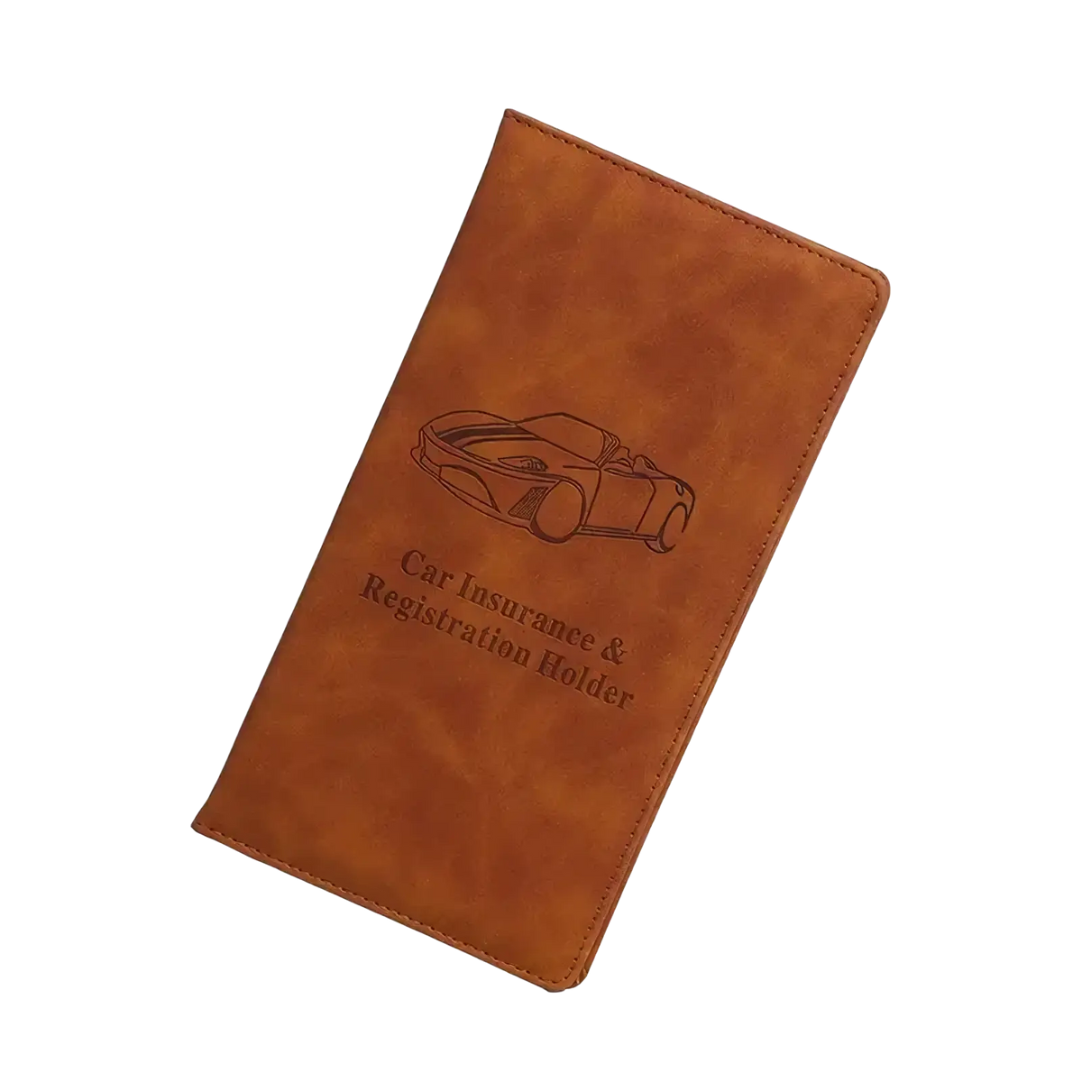 Brown leather car document holder with debossed sports car illustration for insurance and registration organization