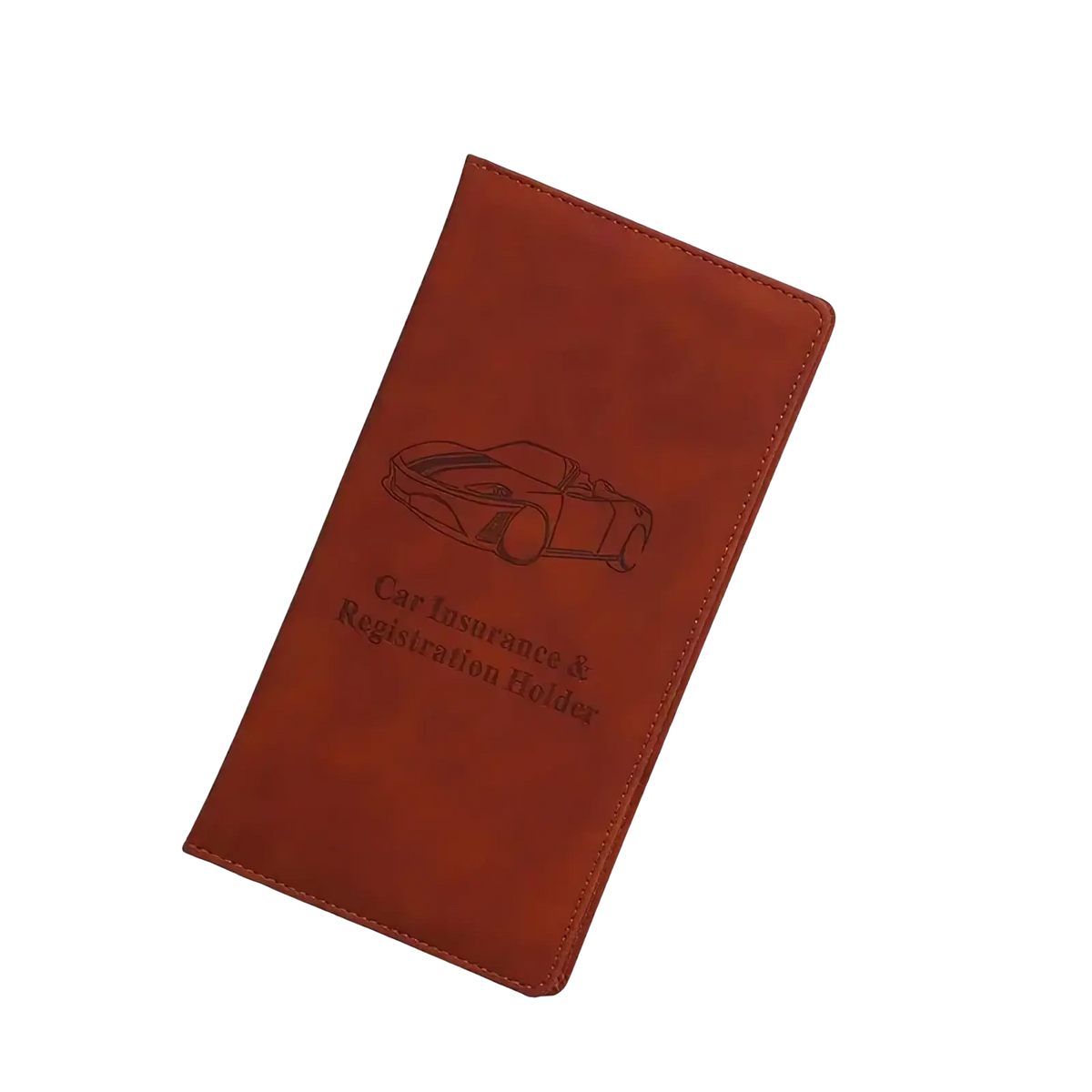 Brown leather car document holder and insurance organizer with debossed sports car design for vehicle papers