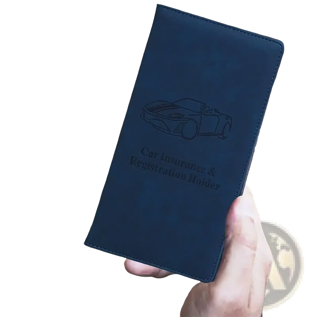 Dark blue leather car document holder and insurance organizer with subtle embossed sports car design