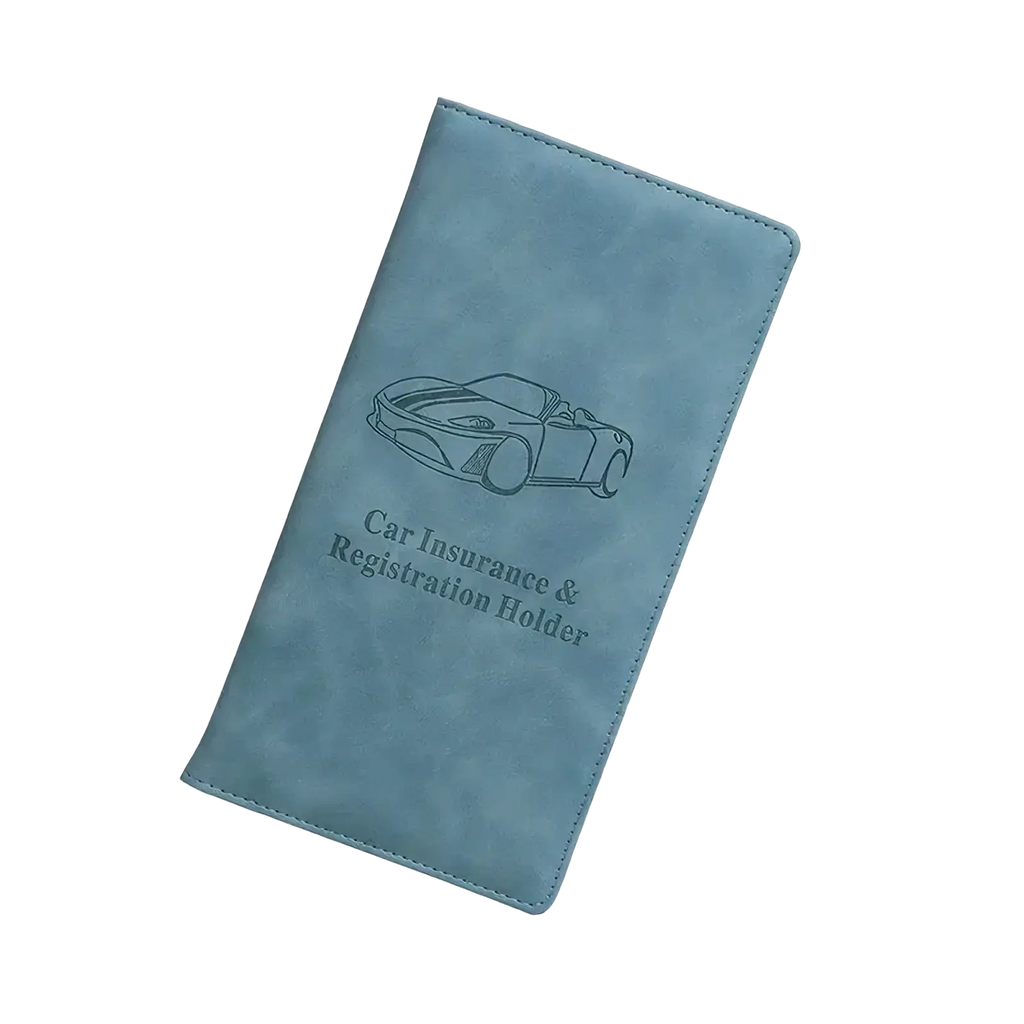 Light blue faux leather car document holder with debossed sports car design for insurance and registration organization