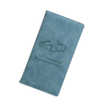 Light blue faux leather car document holder with debossed sports car design for insurance and registration organization