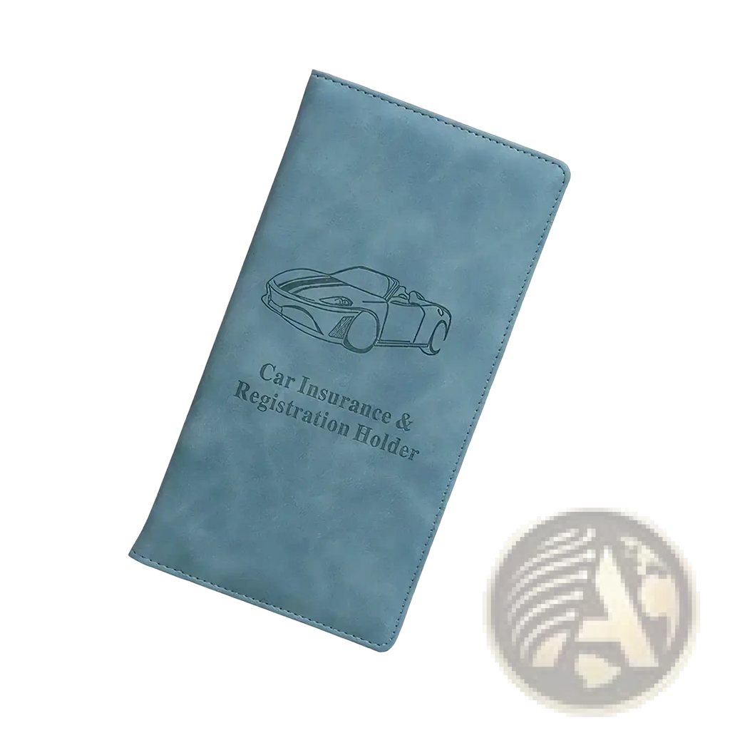 Light blue faux leather car document holder with debossed sports car design for insurance and registration organization
