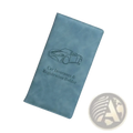 Light blue faux leather car document holder with debossed sports car design for insurance and registration organization