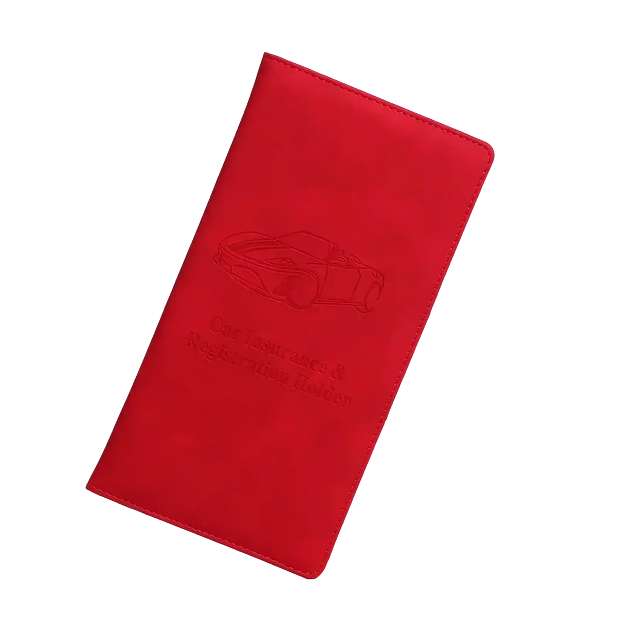 Red leather car document holder and insurance organizer with embossed car silhouette on the front side