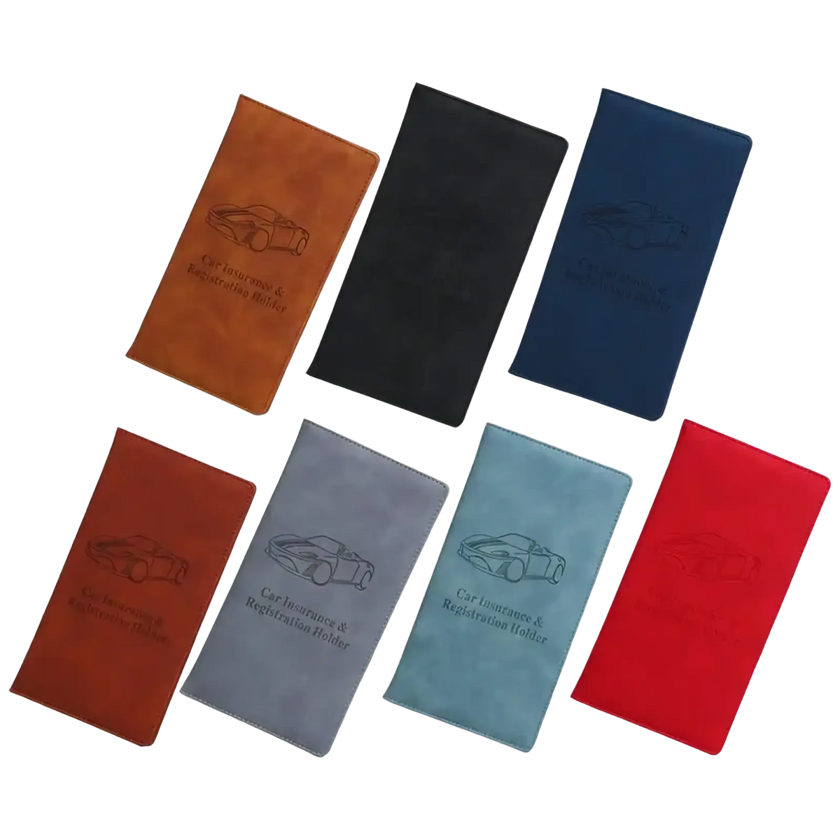 Six leather car document holders in brown black navy blue gray teal and red for insurance and registration organization