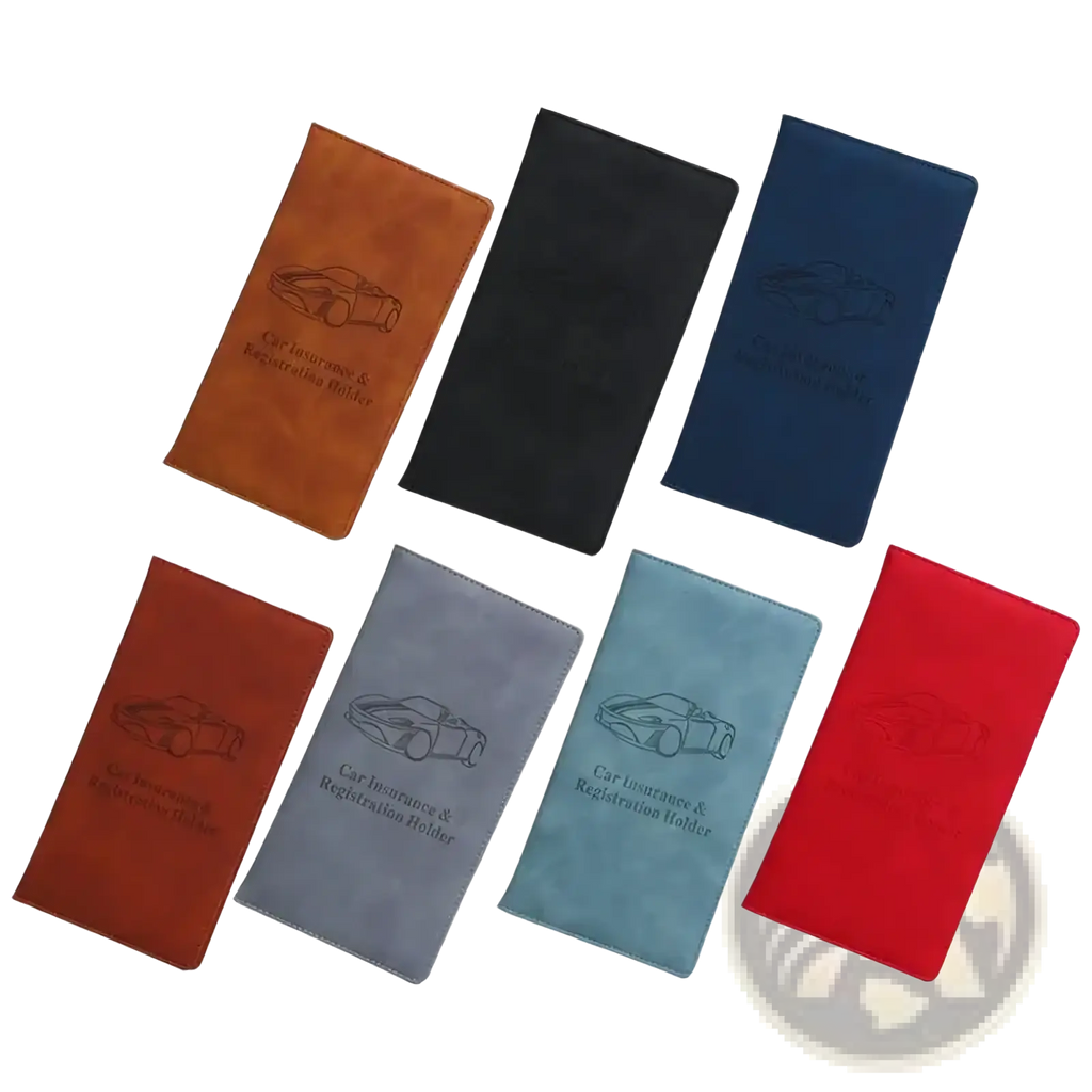 Six leather car document holders in brown black navy blue gray teal and red for insurance and registration organization