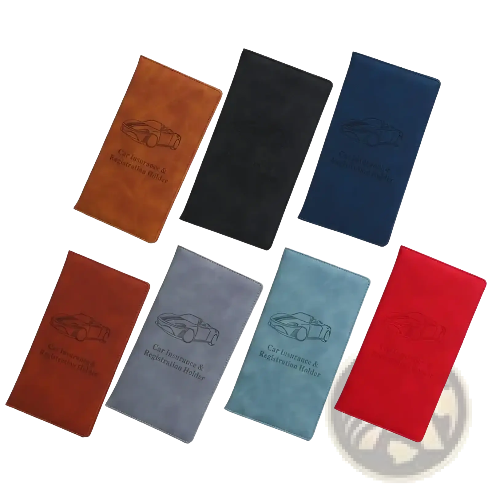 Six leather car document holders in brown black navy blue gray teal and red for insurance and registration organization